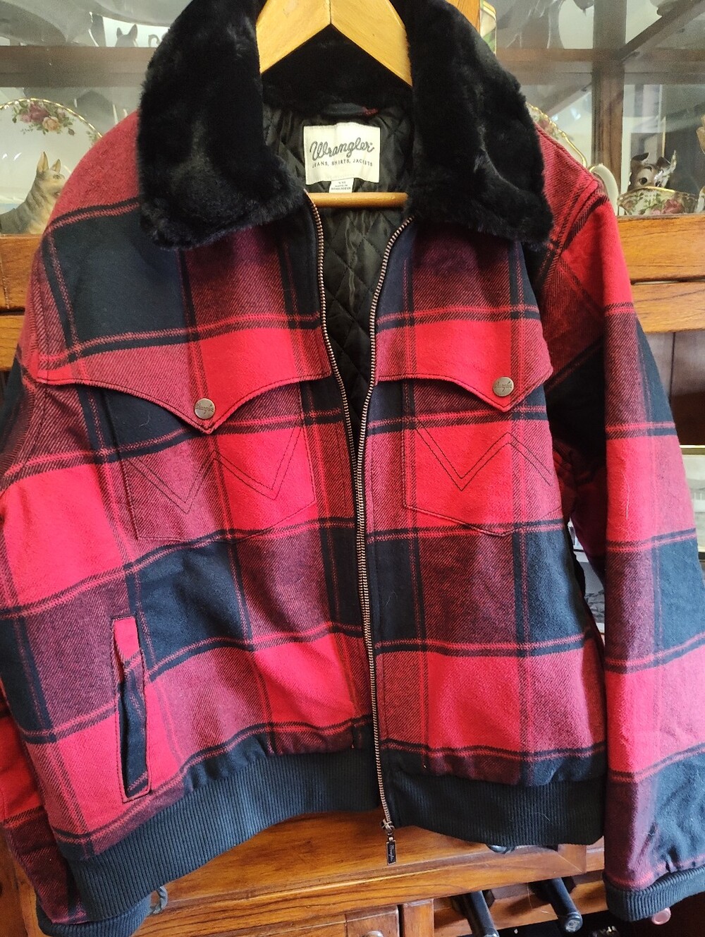 Wrangler Red and Black Plaid Jacket with Faux-Sherpa Collar